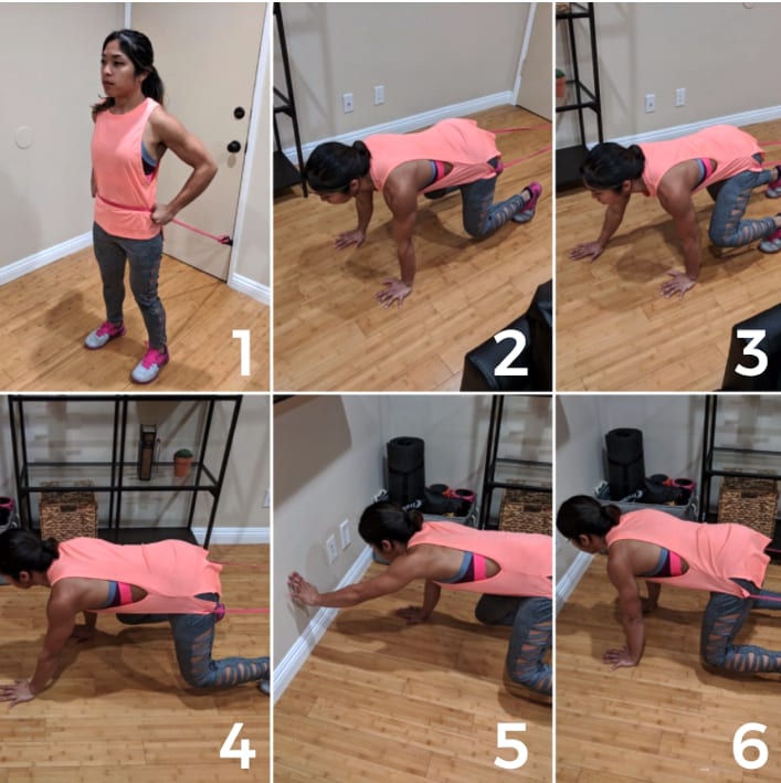 Bear crawls with resistance band and isometric hold
